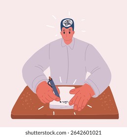 Cartoon vector illustration of Handsome man working at startup project at home. Mess in his head putting down on the paper