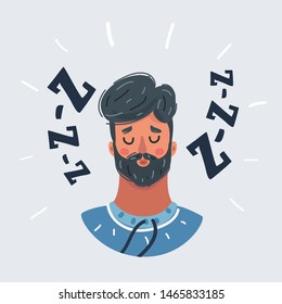 Cartoon vector illustration of Handsome young man sleepy face on white.