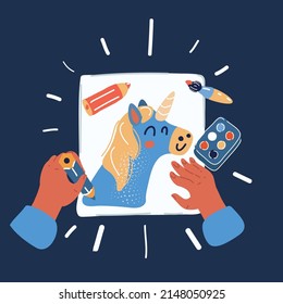 Cartoon vector illustration of Handy workshop kids hands drawing picture. Top view over dark backround