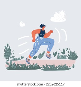 Cartoon vector illustration of Happy athletic woman running in nature in the morning park