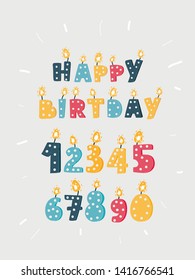 Cartoon vector illustration of Happy Birthday card or banner design with set of lighted retro numbers. easy to edit.