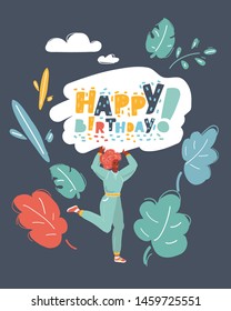 Cartoon vector illustration of Happy birthday balloon congratulatory text in hand of black woman. Celebration concept on dark background.