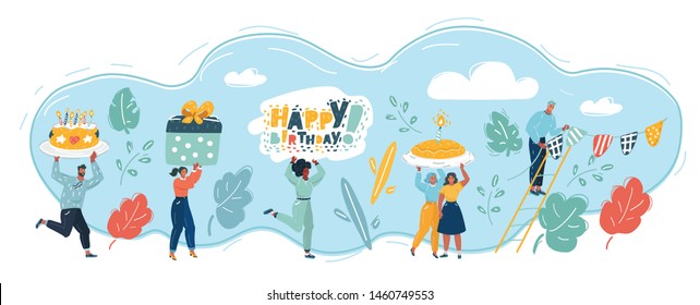 Cartoon vector illustration of Happy Birthday set. Party with happy young people. Man and woman with celebration elements: Candles, cake, gift box, card, bunting garland of flags, happy people.