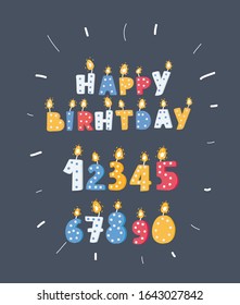 Cartoon vector illustration of Happy Birthday card or banner with set of lighted candles numbers on dark. Funny object.