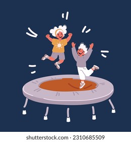 Dibujo vectorial de un niño y una niña feliz saltando sobre el trampolín sobre un fondo oscuro