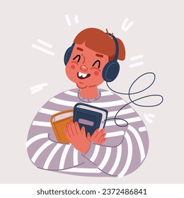 Cartoon Vektorgrafik von glücklichen Jungen in Kopfhörern verbunden mit Hörbuch. Konzept der Online-Anwendung oder Media-Player für das Hören von digitalen Hörbüchern und Podcasts.