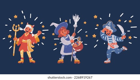 Cartoon vector illustration of Happy brother and two sisters on Halloween. Funny kids in carnival costumes over dark background