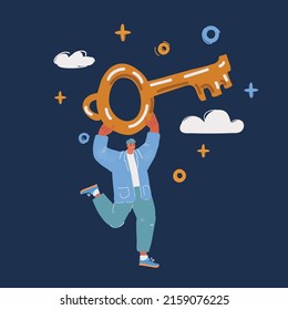 Cartoon vector illustration of happy Businessman with big key. Solution concept over dark backround.