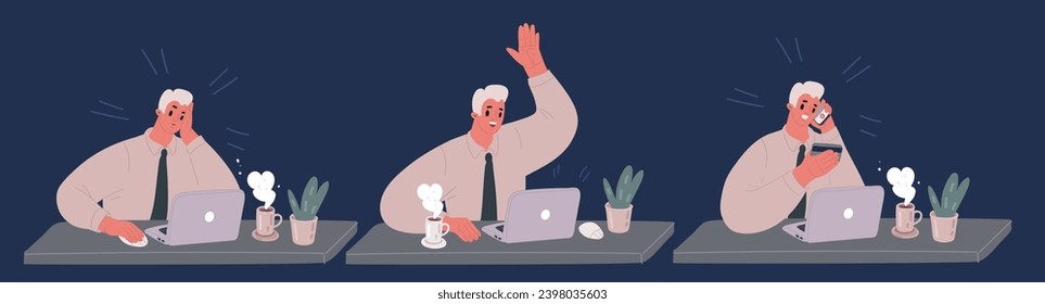 Cartoon vector illustration of Happy businessman is sitting at desktop. Work the computer, financial analytics. Support call center man working in office scense over dark backround