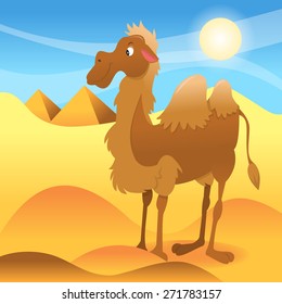 A cartoon vector illustration of a happy camel standing in middle of sahara dessert with pyramid backdrop. 