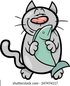 Cartoon Vector Illustration of Happy Cat with Fish