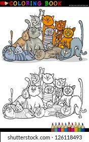 Cartoon Vector Illustration of Happy Cats or Kittens Group for Coloring Book or Coloring Page