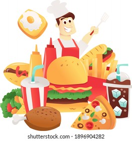 Dibujo vectorial de un chef feliz frente a una pila de comida rápida divertida.