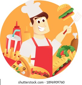 A cartoon vector illustration of a happy chef with fun fast food in a round frame.