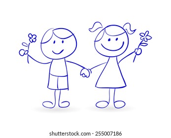 Cartoon vector illustration of happy children with flowers