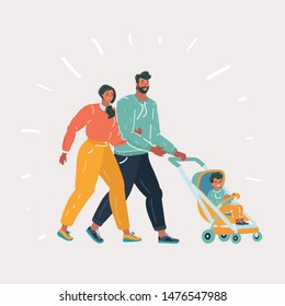 Cartoon vector illustration of happy couple. Smiling husband walks with his wife. Man and woman with stroller. Parents and son. Human character on white.