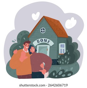 Cartoon vector illustration of Happy couple stand near house