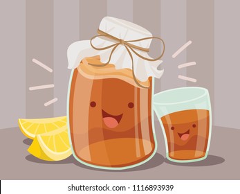 A cartoon vector illustration of a happy covered jar of kombucha beside a glass of tea and some lemons