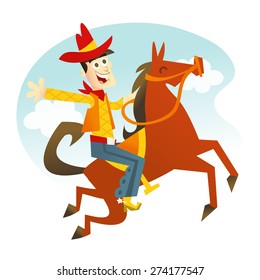 A cartoon vector illustration of a happy cowboy riding a jumping horse. - Shutterstock ID 274177547
