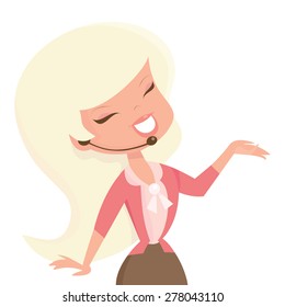 A cartoon vector illustration of a happy customer service girl illustrated in a modern pop and retro blend.