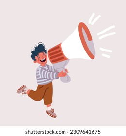 Cartoon vector illustration of happy cute little kid boy holding megaphone and shout