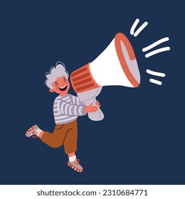 Cartoon vector illustration of happy cute little kid boy holding megaphone and jump over dark background