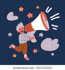 Cartoon vector illustration of happy cute little kid boy holding megaphone over dark background