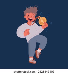 Cartoon vector illustration of happy cute little boy holding gold medal over dark background