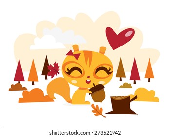 A cartoon vector illustration of a happy cute squirrel loving fall season.