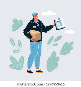 Cartoon vector illustration of Happy delivery man holding cardboard box on white background