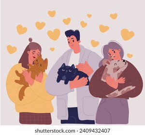 Cartoon vector illustration of Happy diverse people hold in arms cats and dogs show love and care. Smiling men and women with domestic pets. Saving animal from shelter. Human and puppy friendship.