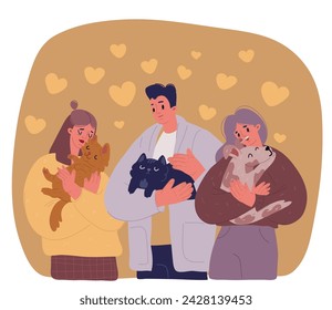 Ilustración vectorial de dibujos animados Personas diversas felices sostienen en brazos gatos y perros muestran amor y cuidado. Hombres y mujeres sonrientes con mascotas domésticas. Salvar a los animales del refugio. Amistad entre humanos y cachorros.