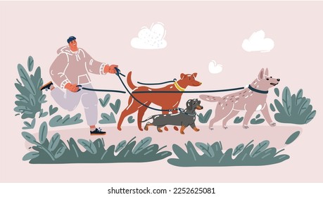 Cartoon vector illustration of happy dogs and man running in the park