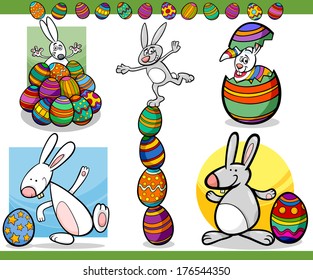 Vector de dibujos animados Ilustración de temas de Pascua Feliz con huevos conejitos y paschales