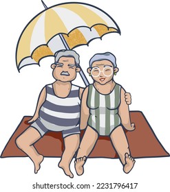 Cartoon vector illustration of happy elderly couple on the beach - vacation of grandma and grandpa - senior people on vacation