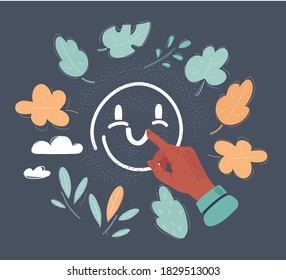 Cartoon vector illustration of Happy face Icon drawn on dark background by human forefinger.