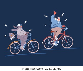 Cartoon vector illustration Happy fall people enjoy outdoor activities. Good friends meeting. Man and woman riding bike in park over dark backround