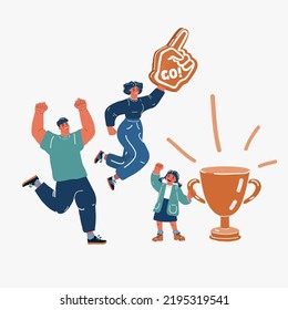 Cartoon vector illustration of Happy family jumping and celebration win. Mother, father and daughter