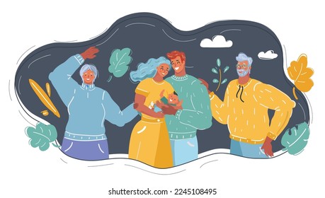 Cartoon vector illustration. Happy Family together.Three generation. 