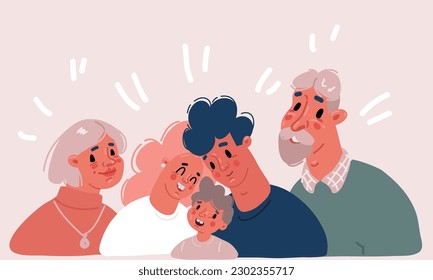Cartoon vector illustration of Happy family. Father, mother, son and daughter together. Grandparents