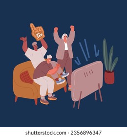 Cartoon vector illustration of Happy family relaxing on couch watching tv. Smiling man and woman spending time together isolated. Domestic husband and wife on comfy sofa enjoying home entertainment