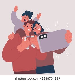 Cartoon vector illustration of Happy family selfie. Cheerful people portrait, group take photo on phone. Son sit on Fathers shoulder and mother together.