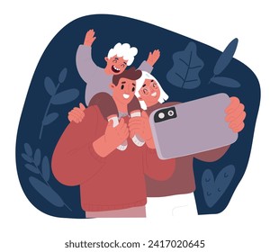 Cartoon vector illustration of Happy family is taking photograph. Father and mother and son over dark background