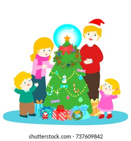Cartoon vector illustration of a happy family 
at the Christmas tree with gifts.