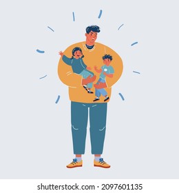 Cartoon vector illustration of happy Father with two kids. Son and daughter. Man hold boy and girl.