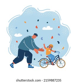 Cartoon vector illustration of Happy father teaching his small young pretty daughter riding a bicycle he teach his daughter to ride a bike. Fathers day.