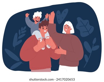 Cartoon vector illustration of happy father and son together, boy is sitting on dads back shoulders isolated fun over dark backround