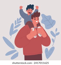 Cartoon vector illustration of Happy Father's Day. Dad carrying his son on his shoulders. A boy sitting on Dad's shoulders. Father and son.