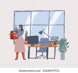 Cartoon vector illustration of happy female employee get rewarded for professional achievement. Woman got promotion and stand with box of stuff near her new workplace