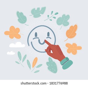 Cartoon vector illustration of Happy fingers drawn smiling face on glass.
